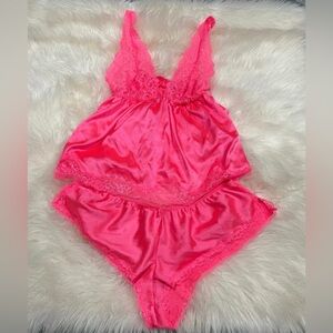 Victoria’s Secret neon pink satin lace shorts and top pajama set